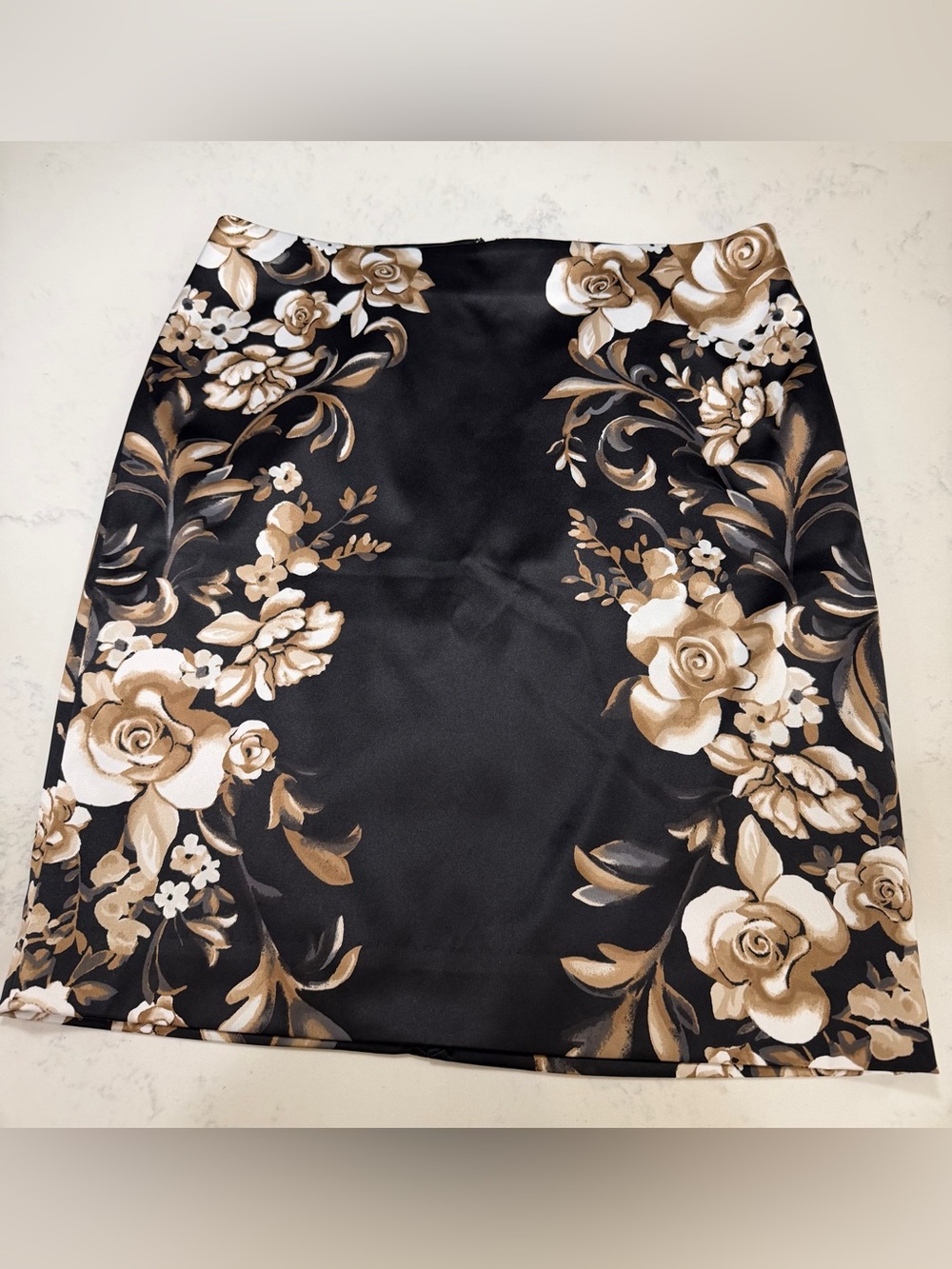 White House Black Market Black Satin Mini Skirt with Beige Floral Print - Picture 6 of 16